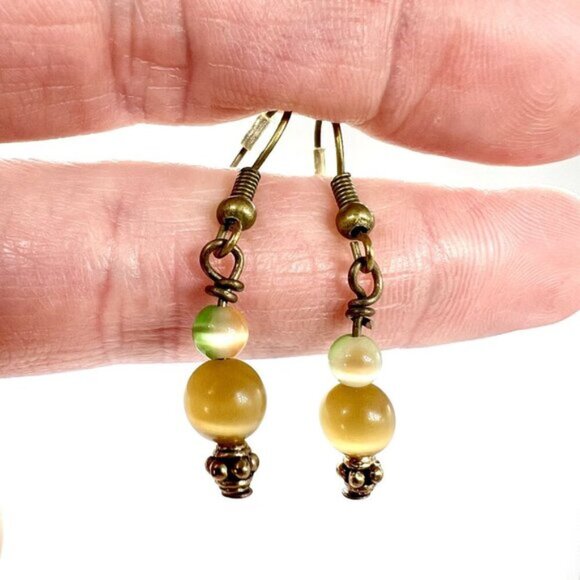 Handmade Beaded Drop Earrings Green & Amber Glass Beads Antiqued Bronze Hooks - Picture 3 of 8